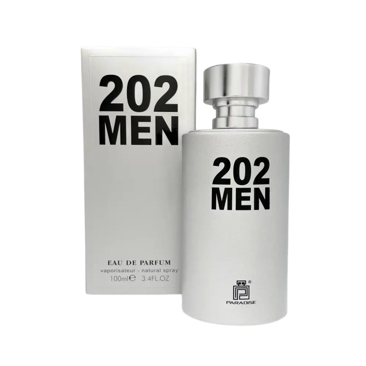202 Men 100ml Paradise Collection Eau De Parfum by Fragrance World - Fresh, woody fragrance for men with citrus, floral, and musky notes in a sleek silver bottle.