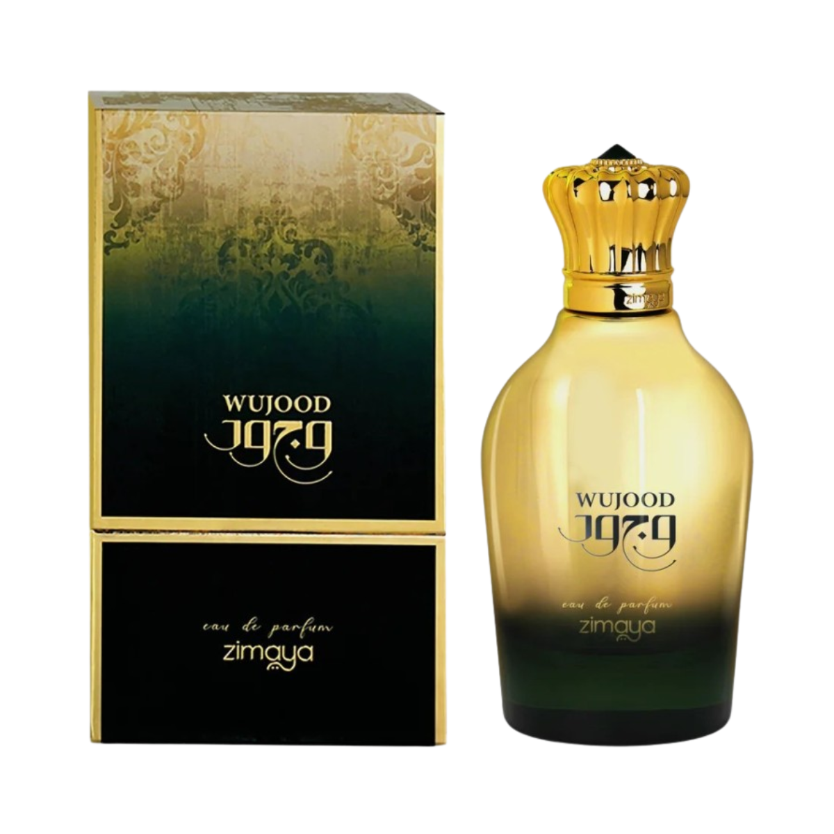 Wujood 100ml Perfumed Fragrance By Zimaya with golden crown top and gradient amber-green bottle