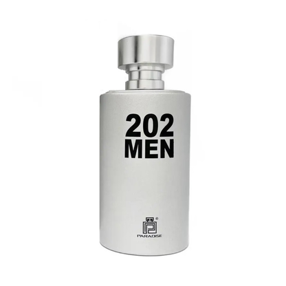 202 Men 100ml Paradise Collection Eau De Parfum by Fragrance World - Fresh, woody fragrance for men with citrus, floral, and musky notes in a sleek silver bottle.