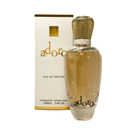 Adoro 100ml Paradise Collection Eau De Parfum by Fragrance World - Floral fruity fragrance with pear, orchid, vanilla, and musk for women in an elegant bottle.