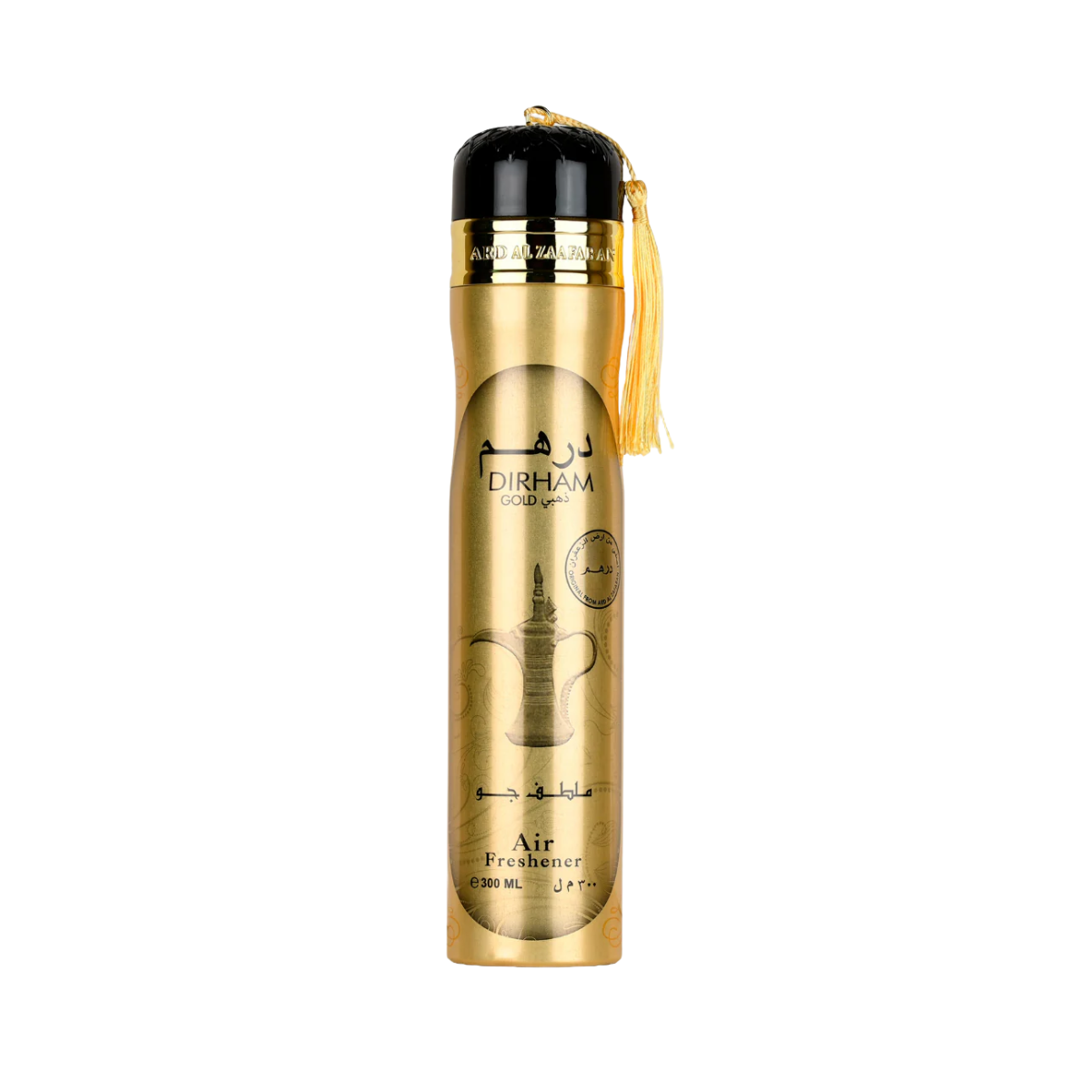 Dirham Gold Air Freshener Fragrance by Ard Al Zaafaran – Spicy & Woody with Nutmeg, Cinnamon, Oud, and Vanilla Notes in 300ml Spray Bottle