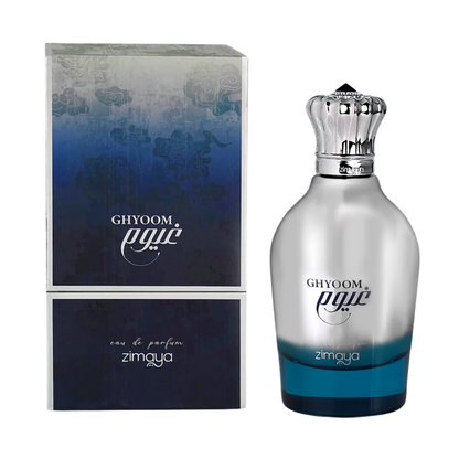 Ghyoom 100ml Perfumed Fragrance by Zimaya, Unisex Modern Fresh Scent Bottle with Silver Crown