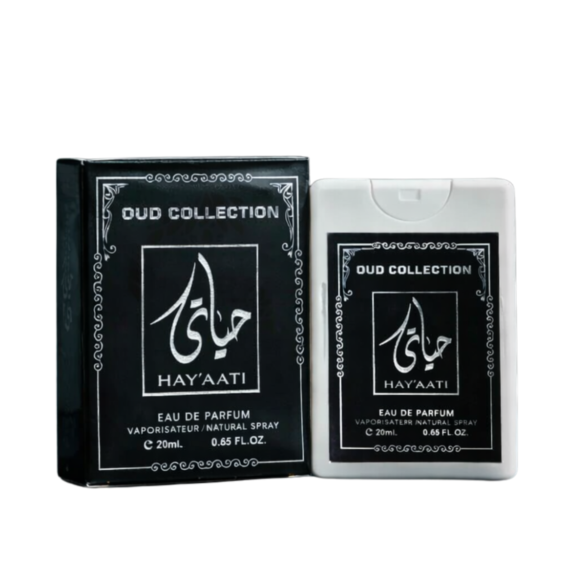 Hayaati Black 20ml Pocket Spray Fragrance by Ard Al Zaafaran in black packaging