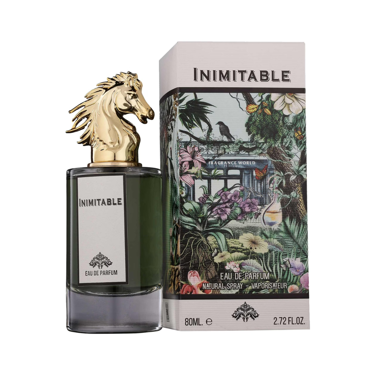 Inimitable 80ml Paradise Collection Perfume by Fragrance World - Woody aromatic fragrance with bergamot, jasmine, vetiver, and sandalwood in a stylish bottle.
