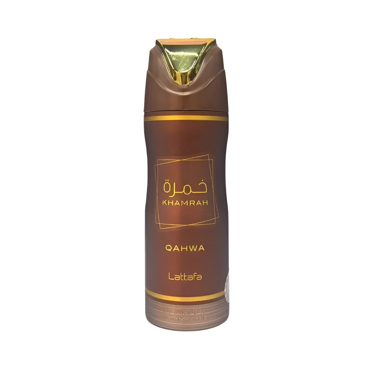 Khamrah Qahwa 200ml Body Spray Perfumed Fragrance by Lattafa - Elegant bottle with golden accents and Arabic lettering