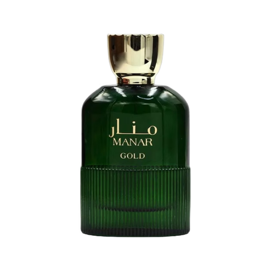 Manar Gold 100ml Eau De Parfum by Athoor Al Alam – Citrus woody fragrance with orange, sandalwood, patchouli, and musk in a luxurious 100ml bottle.