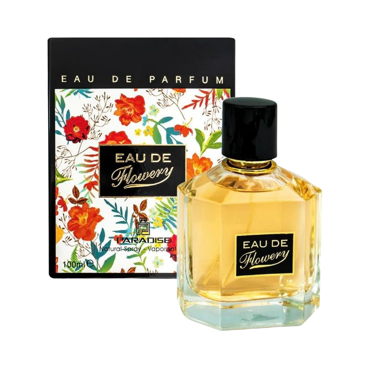 Eau De Flowery 100ml Paradise Collection Perfume by Fragrance World - Floral fragrance inspired by Gucci Flora with elegant packaging.