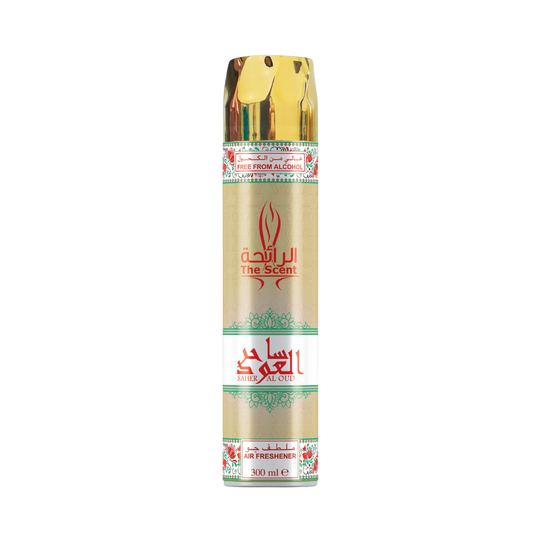 Saher Al Oud 300ml Air Freshener by The Scent, showcasing a luxurious Arabic fragrance with elegant packaging, ideal for home, office, or car use.