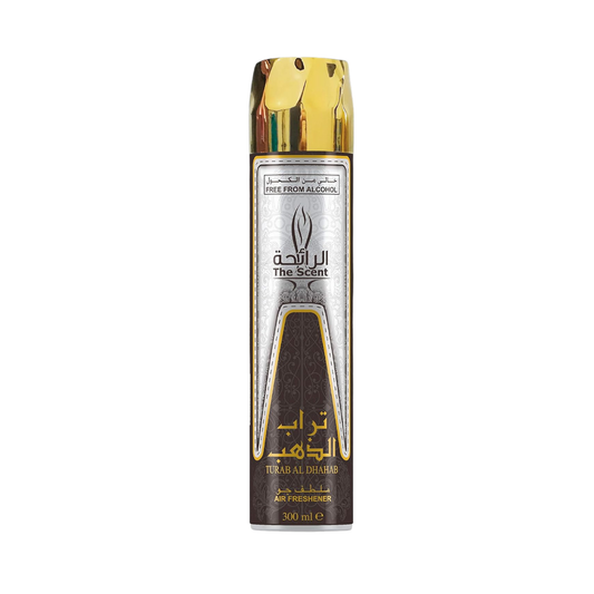 Turab Al Dhab 300ml Air Freshener by The Scent, featuring a rich Arabian fragrance with elegant packaging for a sophisticated atmosphere.