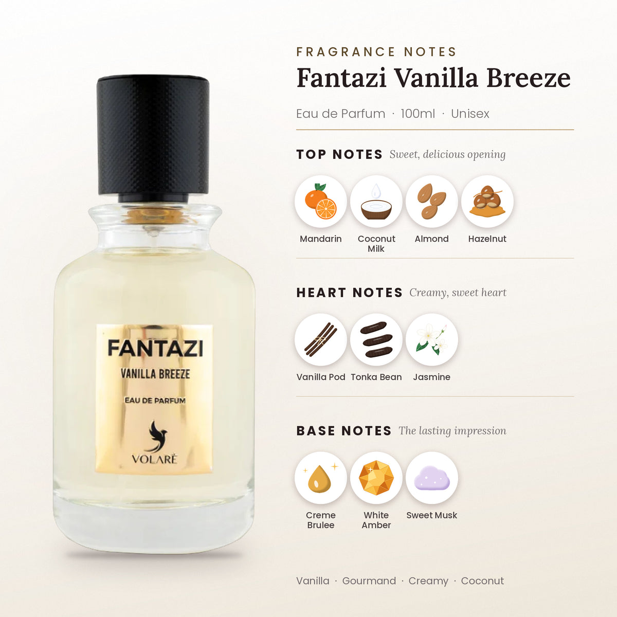 Fantazi Vanilla Breeze fragrance notes – top, heart and base