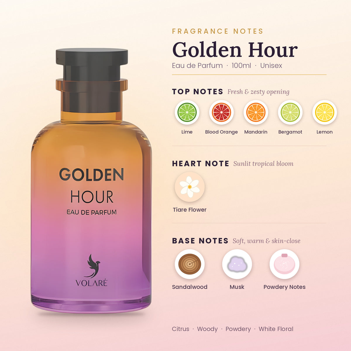 Golden Hour fragrance notes – top, heart and base