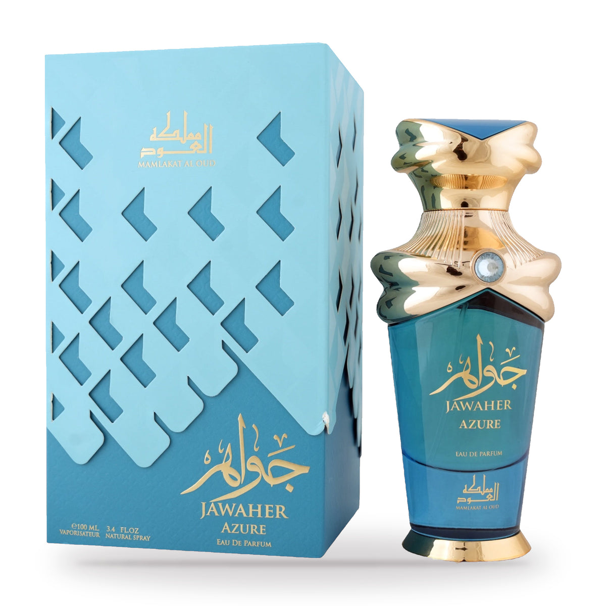 Jawaher Azure by Mamlakat Al Oud 100ml bottle and box