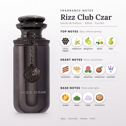 Rizz Club Czar fragrance notes – top, heart and base