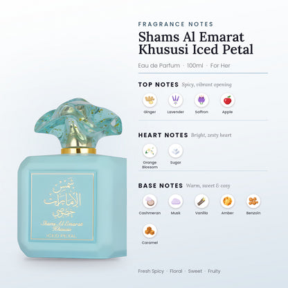 Shams Al Emarat Khususi Iced Petal fragrance notes – top, heart and base