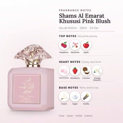 Shams Al Emarat Khususi Pink Blush fragrance notes – top, heart and base